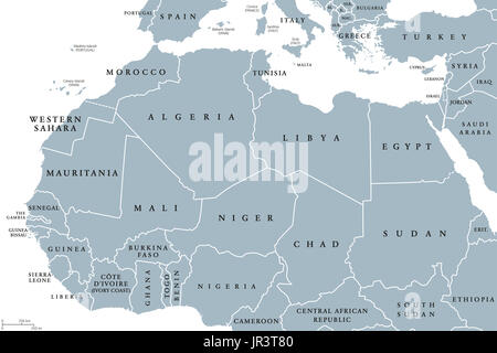 Nordafrika Ländern politische Karte mit Grenzen. Englisch beschriften. Von der atlantischen Küste von Marokko bis zum Roten Meer. Maghreb und im Mittelmeer. Stockfoto