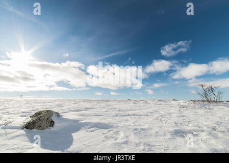 Rock unter dem Schnee am Berg im arktischen Norwegen Stockfoto