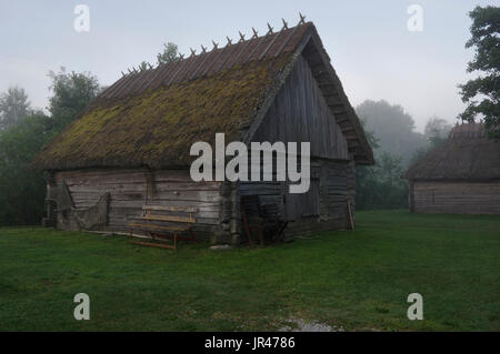 Fischerhütte Nebel am frühen Morgen am Suitsu Fluss, Matsalu Nationalpark, Estland, Europa Stockfoto