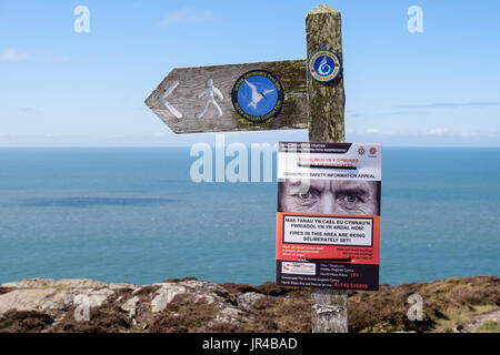 Insel Anglesey Coastal Path und Wales Coast Path schließt ein Wanderweg-Wegweiser mit einer zweisprachigen Gemeinde Sicherheitsinformationen. Anglesey Wales UK Stockfoto