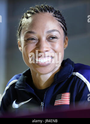 USAS Allyson Felix, während der Pressekonferenz in London Stadium vor der IAAF World Championships, die am Freitag beginnt. Stockfoto