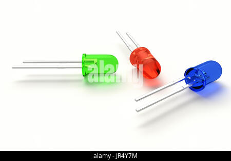 Realistische 3D render Tricolor 3 mm led Diode, Rgb (rot, grün, blau). Isoliert auf weißem Hintergrund mit Schatten Stockfoto