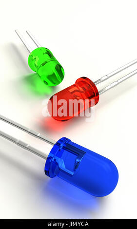 Realistische 3D render Tricolor 3 mm led Diode, Rgb (rot, grün, blau). Isoliert auf weißem Hintergrund mit Schatten Stockfoto