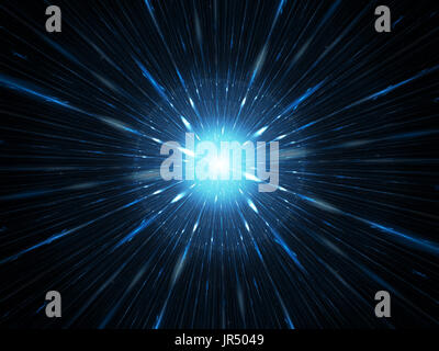 Blau leuchtende Explosion im Raum, Supernova oder Starburst, computer-generierte Zusammenfassung Hintergrund, 3D-Rendering Stockfoto