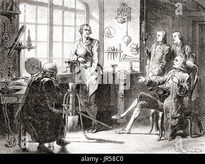 James Watt in seiner Werkstatt in Glasgow.  James Watt, 1736-1819.  Schottischer Erfinder, Ingenieur und Chemiker.  Von Les Merveilles De La Science veröffentlichte 1870. Stockfoto