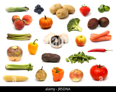 Rohes Obst und Gemüse Collage auf weißem Hintergrund Stockfoto