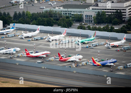 Luftaufnahme von Boeing 737-Flugzeuge im Bau bei Boeing Field, Seattle, Washington State, USA Stockfoto