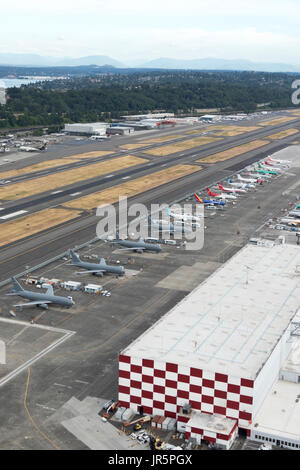 Luftaufnahme von Boeing 737-Flugzeuge im Bau bei Boeing Field, Seattle, Washington State, USA Stockfoto