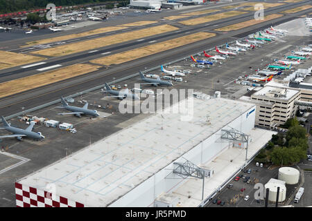 Luftaufnahme von Boeing 737-Flugzeuge im Bau bei Boeing Field, Seattle, Washington State, USA Stockfoto