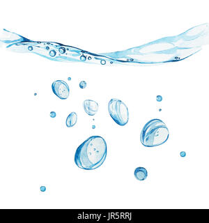 Wasser-Hintergrund mit Bläschen und Wasserlinie. Aquarell handgezeichneten gemalte illustration Stockfoto
