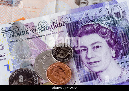 Britisches Englisch Währung, Münzen und Banknoten, Großbritannien Stockfoto