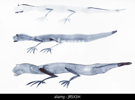 Ausbildung im Suibokuga Stil mit Aquarellfarben - Skizzen von Eidechsen auf weißem Papier zeichnen Stockfoto