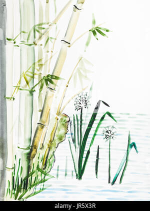 Ausbildung im Suibokuga Stil mit Aquarellfarben - Blick auf die Schilfrohr im Wasser des Sees auf weißem Papier zeichnen Stockfoto