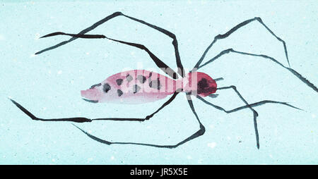 Ausbildung im Suibokuga Stil mit Aquarellfarben - rosa Spinne auf blauem Tonpapier zeichnen Stockfoto