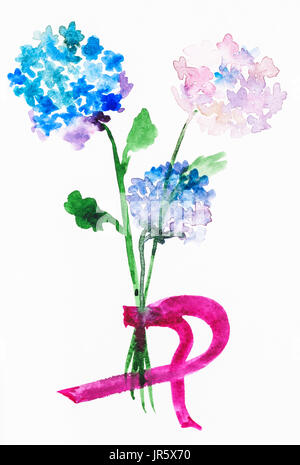 Ausbildung im Suibokuga Stil mit Aquarellfarben - Bouquet von frischen Hortensia Blumen auf Papier zeichnen Stockfoto