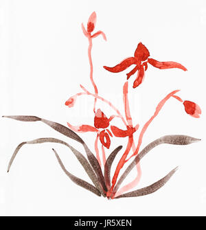Ausbildung im Suibokuga Stil mit Aquarellfarben - Skizze der Orchidee Blume auf weißem Papier zeichnen Stockfoto