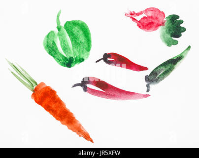 Ausbildung im Suibokuga Stil mit Aquarellfarben - Frischgemüse auf weißem Papier zeichnen Stockfoto