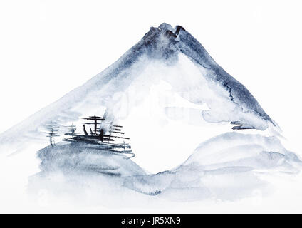 Ausbildung im Suibokuga Stil mit Aquarellfarben - Blick auf den Mount Fuji auf weißem Papier zeichnen Stockfoto