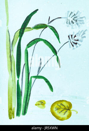 Ausbildung im Suibokuga Stil mit Aquarellfarben - Zuckerrohr und Blatt der Seerose auf blau farbigem Papier zeichnen Stockfoto