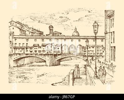 Landschaft in der europäischen Stadt Florenz in Italien. gravierte handgezeichnete im alten Skizze und Vintage-Stil. historische Architektur mit Gebäuden, perspektivische Ansicht. Reisen-Postkarte. Ponte Vecchio Brücke. Stock Vektor