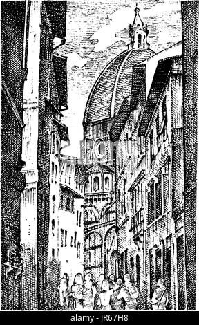 Landschaft in der europäischen Stadt Florenz in Italien. gravierte handgezeichnete im alten Skizze und Vintage-Stil. historische Architektur mit Gebäuden, perspektivische Ansicht. Reisen-Postkarte. Santa Maria del Fiore. Stock Vektor