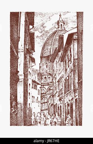 Landschaft in der europäischen Stadt Florenz in Italien. gravierte handgezeichnete im alten Skizze und Vintage-Stil. historische Architektur mit Gebäuden, perspektivische Ansicht. Reisen-Postkarte. Santa Maria del Fiore. Stock Vektor