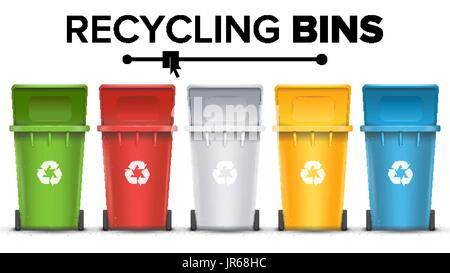 Recycling Buckets For Trash Vector. Set Of Red, Green, Blue, Yellow, White Buckets. For Paper, Glass, Metal, Plastic Sorting. Isolated Illustration Stock Vektor