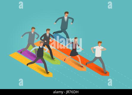 Start, Karriere, Business-Konzept. Geschäftsmann und Gruppe von Geschäftsleuten zum Ziel laufen. Infografik-Vektor-illustration Stock Vektor