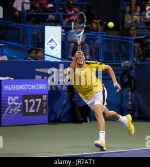 3. August 2017: Dominic Thiem (AUT) spielt ein Schuss während seiner Niederlage zu Kevin Anderson (RSA) beim 2017 Citi Open Tennisturnier gespielten Rock Creek Park Tennis Center in Washington, DC Justin Cooper/CSM/Alamy Live News Stockfoto