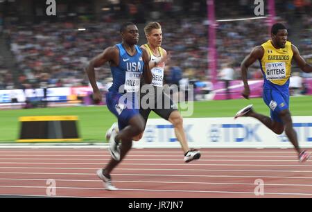 Stratford, UK. 4 Aug, 2017. Christian Coleman (USA) im 100 m heizt. IAAF Leichtathletik WM. London Olympiastadion. Queen Elizabeth Olympic Park. Stratford. London. UK. 04.08.2017. Credit: Sport in Bildern/Alamy leben Nachrichten Stockfoto