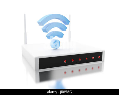 3D Illustration. Router mit WLAN-Zeichen. Globales Networking-Konzept. Isolierten weißen Hintergrund Stockfoto