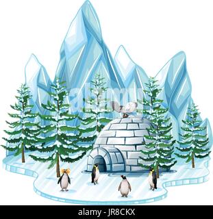 Pinguine und Eule durch die Iglu-illustration Stock Vektor