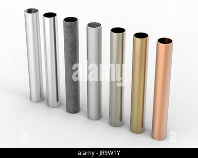 3D Rendering sieben Schattierungen von Metallrohren auf weißem Hintergrund Stockfoto