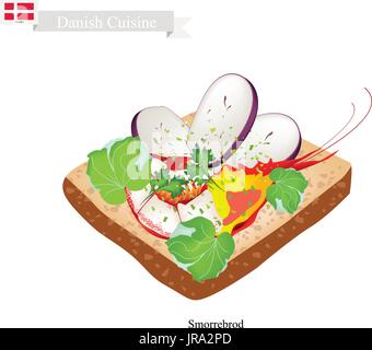 Dänische Küche, Illustration von Smorrebrod oder traditionell mit Butter Roggenbrot oder Schwarzbrot garniert mit Garnelen und Scheibe Aubergine und Kräuter. Die Na Stock Vektor