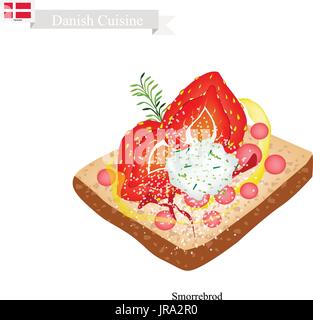 Dänische Küche, Illustration von Smorrebrod oder traditionell mit Butter Roggenbrot oder Schwarzbrot garniert mit frischen Erdbeeren und Käse. Die nationalen D Stock Vektor