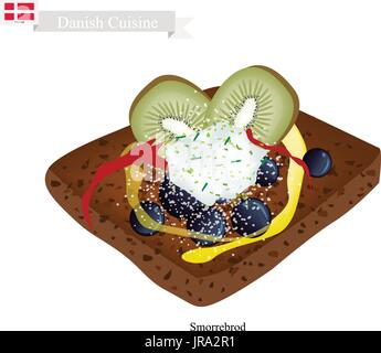 Dänische Küche, Illustration von Smorrebrod oder traditionell mit Butter Roggenbrot oder Schwarzbrot mit Scheibe Kiwi und Käse garniert. Das Nationalgericht Stock Vektor