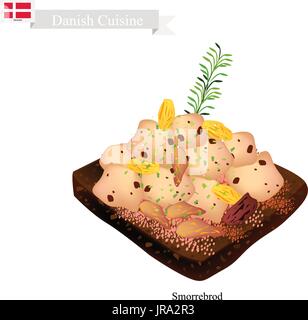 Dänische Küche, Illustration von Smorrebrod oder traditionelles gebuttertem Roggenbrot oder Schwarzbrot garniert mit Brathähnchen und frischem Dill. Die nationalen Stock Vektor