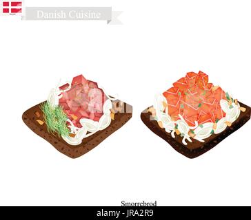 Dänische Küche, Illustration von Smorrebrod oder traditionell mit Butter Roggenbrot oder Schwarzbrot, garniert mit frischem Lachs und Thunfisch. Das Nationalgericht Stock Vektor