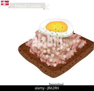 Dänische Küche, Illustration von Smorrebrod oder traditionell mit Butter Roggenbrot oder Schwarzbrot garniert mit gehackten Liverpaste und Kochen Ei. Der Nation Stock Vektor