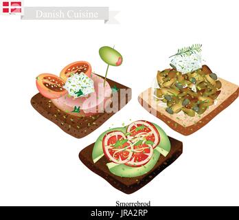 Dänische Küche, Illustration von Smorrebrod oder traditionell mit Butter Roggenbrot oder Schwarzbrot garniert mit verschiedenen Arten von Fleisch und Gemüse. Die N Stock Vektor