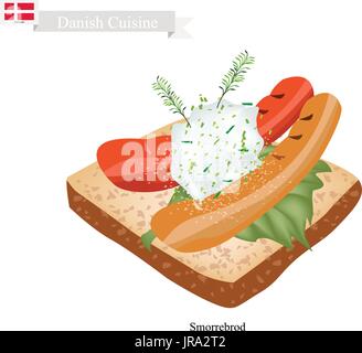 Dänische Küche, Illustration von Smorrebrod oder traditionell mit Butter Roggenbrot oder Schwarzbrot belegt mit Wurst, Remoulade und Dill. Die Nationa Stock Vektor