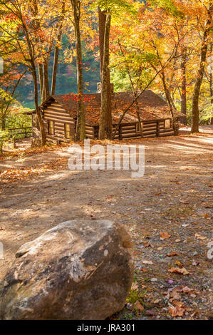 Charmante Seeufer Blockhaus (erbaut durch das Civilian Conservation Corps in den 1930er Jahren) unter einem bunten Spektrum an Herbst Blätter im Vogel State Park. Stockfoto