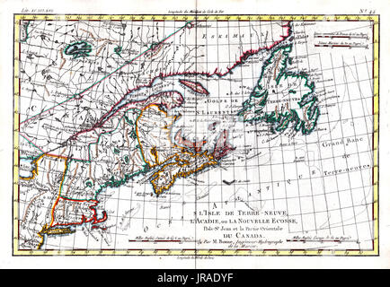 1780 bonne antike Karte der USA Nordosten und Nova Scotia Kanada, einschließlich Neufundland, New England, Maine, Massachusetts und anderen Staaten Stockfoto