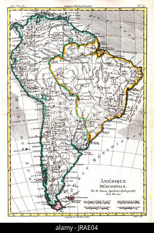 1780 Bonne Antike Landkarte des Kontinents Südamerika Stockfoto