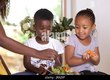 Sohn und Tochter, Ihre Mutter einen Salat machen Stockfoto