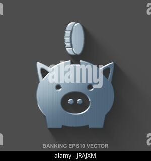 Wohnung metallischen banking 3D Symbol. Polierter Stahl Geld Box mit Münze auf grauem Hintergrund. Vektor-EPS 10. Stock Vektor