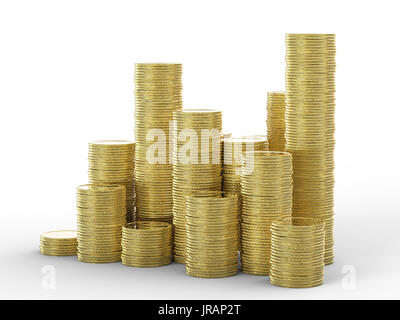 Stapel von Goldmünzen auf weißem Hintergrund Stockfoto