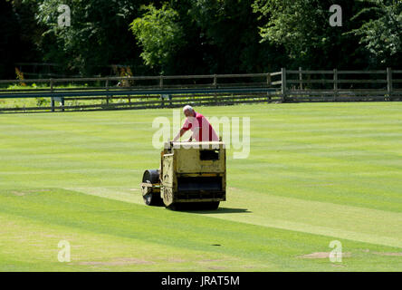 Ein Mann rollt das Dorf Cricket pitch, Rushton, Northamptonshire, England, UK Stockfoto