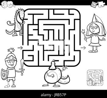 Schwarz / Weiß Cartoon Illustration der Bildung Irrgarten oder Labyrinth-Spiel für Kinder mit Fantasy Figuren Malvorlagen Stock Vektor