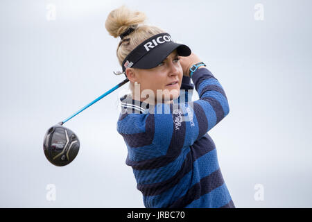 Charley Hull England abschlägt am 6. Loch tagsüber zwei 2017 Ricoh Women es British Open in Kingsbarns Golf Links, St Andrews. Stockfoto